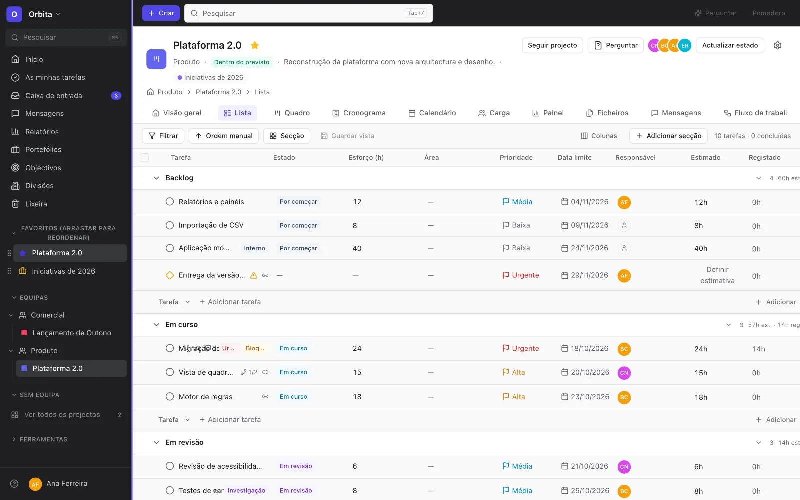 Project list view, with tasks grouped by section, assignees and dates.