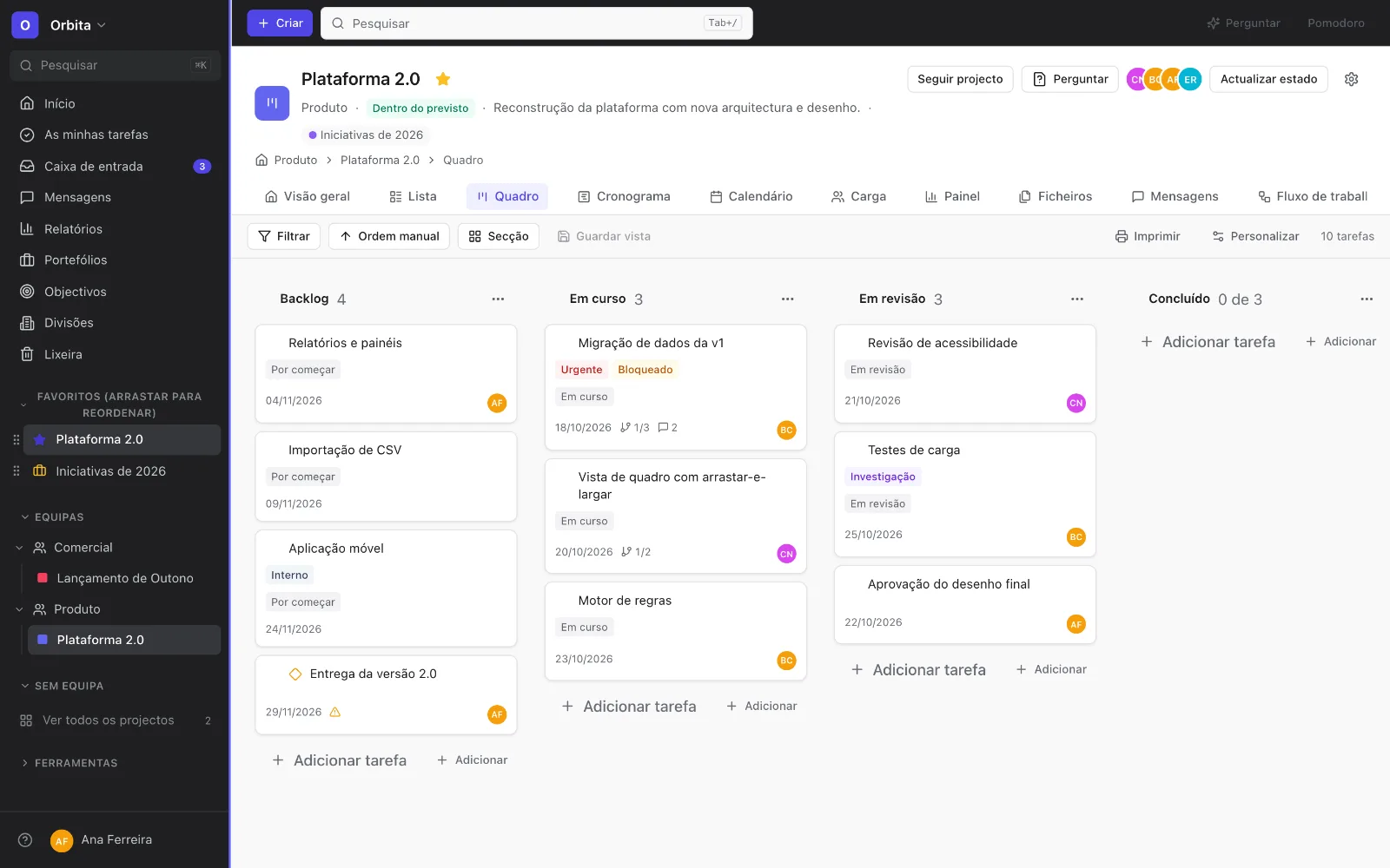 Orbita open on a project in board view: Backlog, In progress, In review and Done columns with task cards.